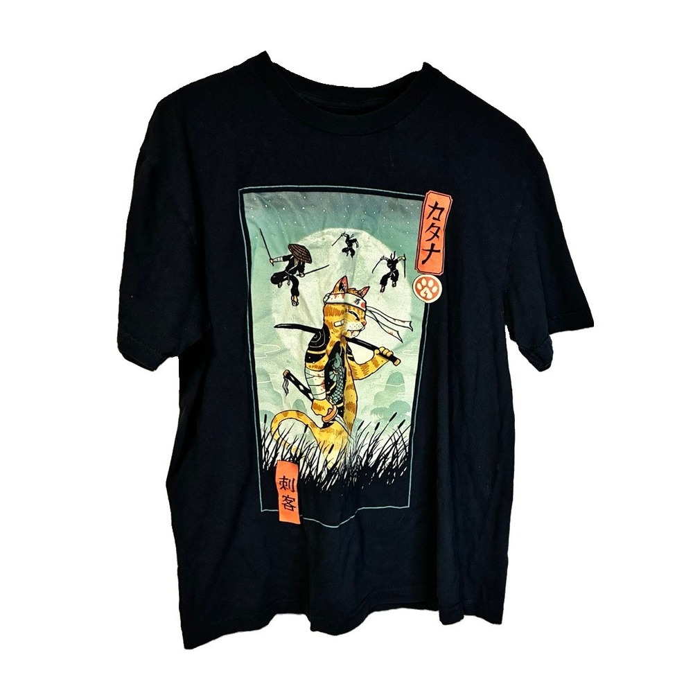 Threadless T-Shirt Size Med Black Samurai Cat Design By Vincent Trinidad Unisex